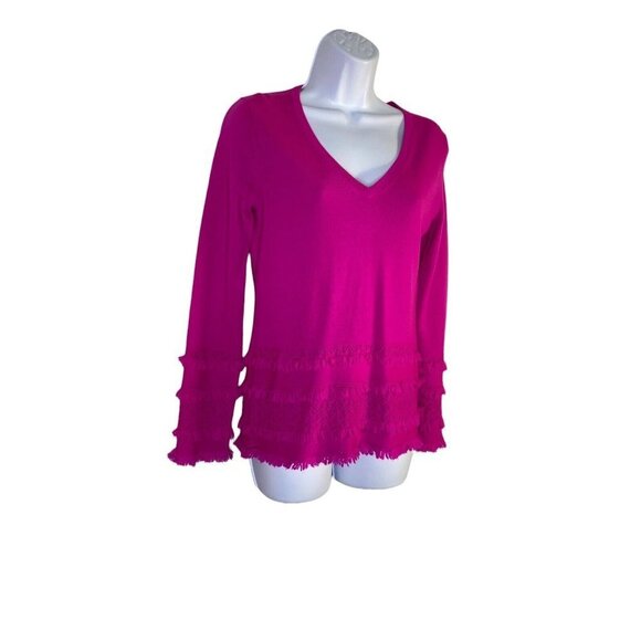 Trina Turk  Womens Merino Wool Pointelle Fringe-Trim Sweater‎ Pink SZ XS - Picture 3 of 7